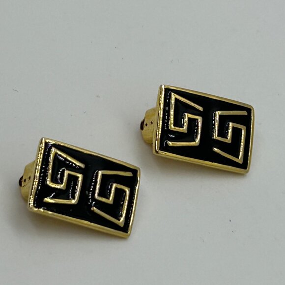 Vintage Gold & Black  Earrings Enamel Greek Key Clip-On 1980s Designer Statement - Picture 13 of 14